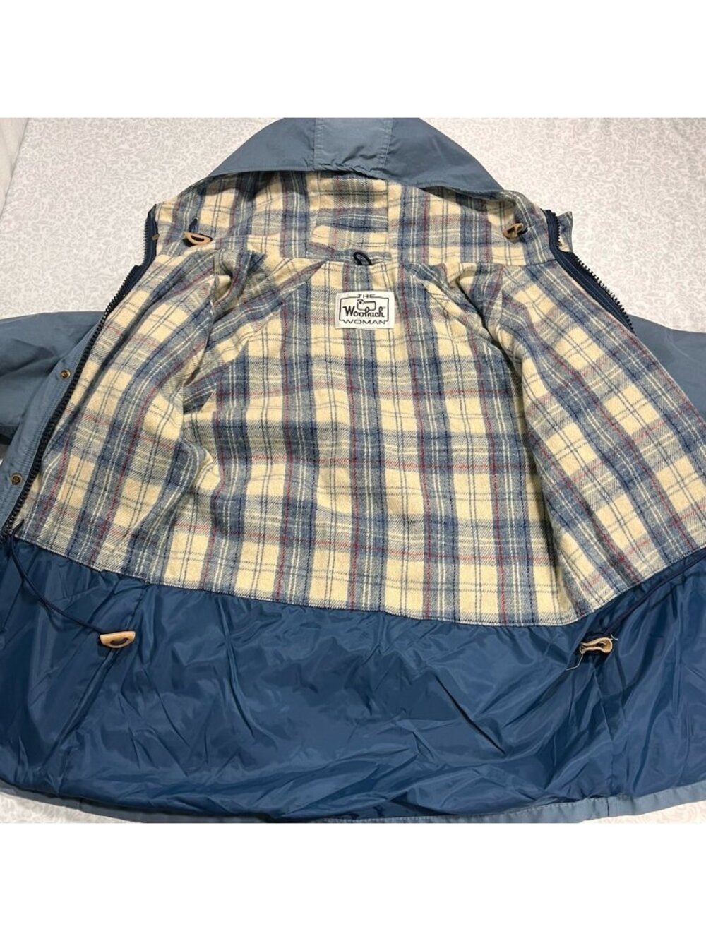 Vintage Woolrich Woman Hooded Parka Plaid Wool Lined Blue Jacket M - Picture 5 of 9